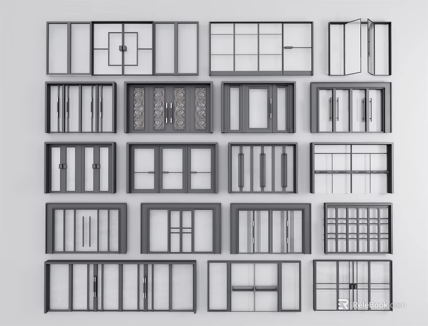Various Window And Door Design Styles With Grid Patterns And Frame Details 3d model 