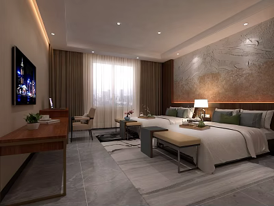 Modern Hotel Guest Room Interior With Flat Screen TV Decorative Wall And Comfortable Bed 3d model