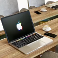 Modern Wooden Conference Table With Gray Rolling Chairs Laptops And Meeting Equipment