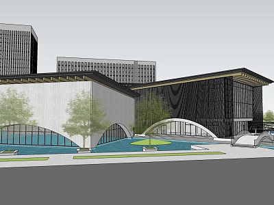 Modern Architectural Landscape Featuring Water Pool Arched Structures Trees And Bridge 3d model