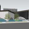 Modern Architectural Landscape Featuring Water Pool Arched Structures Trees And Bridge