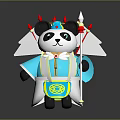 Panda Character In Traditional Blue Costume With Red Horned Hat And Spear Weapon