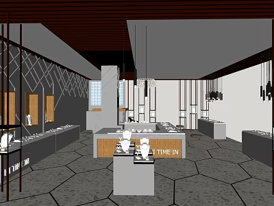 Elegant Jewelry Store Interior With Display Cases Hanging Lights And Patterned Floor 3d model