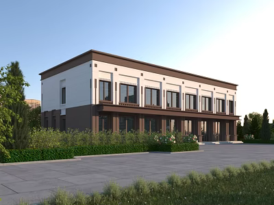 Modern Two Story Office Building With White Brown Exterior Landscaped Greenery And Paved Driveway 3d model