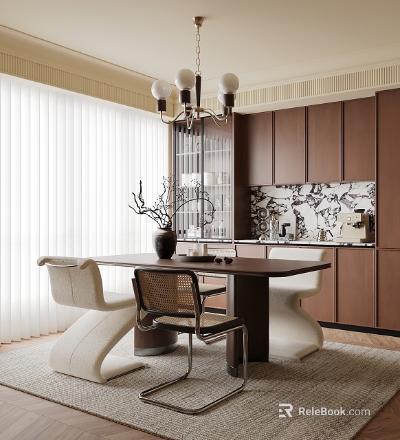 Luxury Modern Restaurant Interior With Wooden Dining Table Upholstered Chairs And Artistic Wall Decor 3d model 