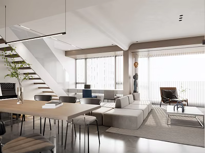 Modern Living And Dining Area With Hanging Lights Dining Table Sofa Large Windows And Staircase 3d model