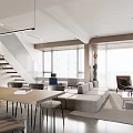 Modern Living And Dining Area With Hanging Lights Dining Table Sofa Large Windows And Staircase
