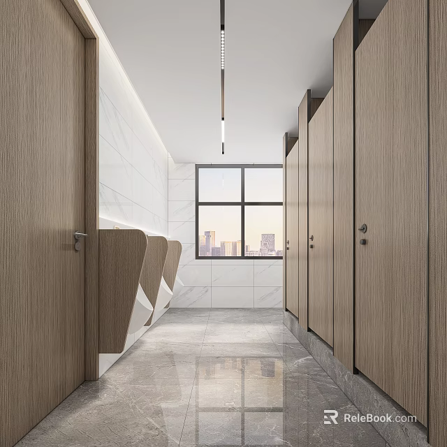 Modern Public Restroom With Wooden Stalls Urinals And City View 3d model 