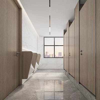 Modern Public Restroom With Wooden Stalls Urinals And City View 3d model