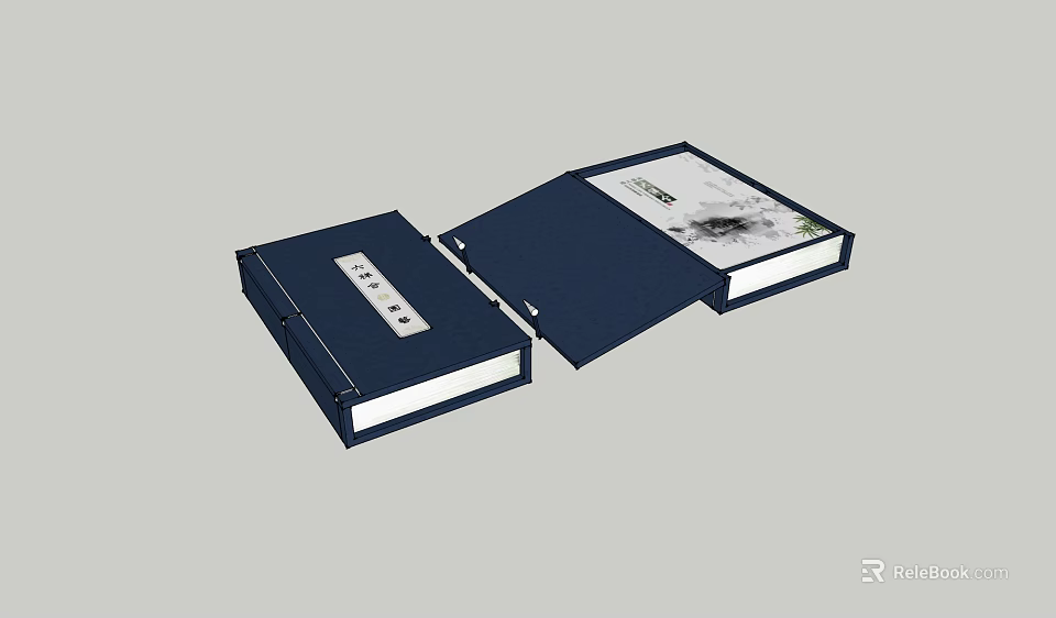 Traditional Chinese Books With Blue Covers Open Pages And Classic Calligraphy Elements 3d model 