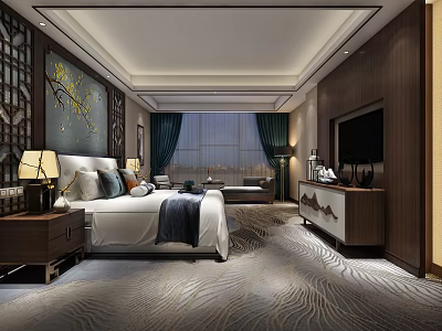 Elegant Chinese Style Hotel Room with Wooden Furniture Green Curtains and Decorative Paintings 3d model