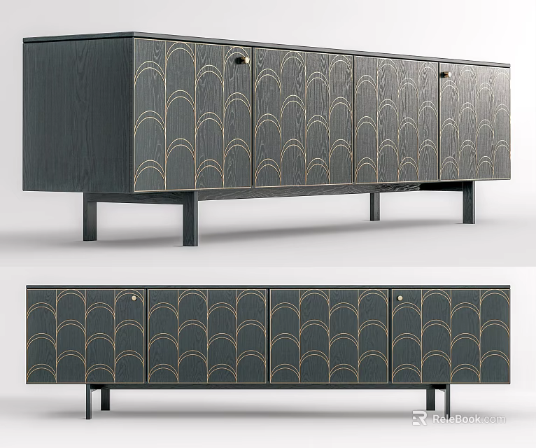Modern Dark Wooden TV Stand With Gold Scallop Pattern Drawers And Slim Legs 3d model 