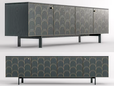 Modern Dark Wooden TV Stand With Gold Scallop Pattern Drawers And Slim Legs 3d model