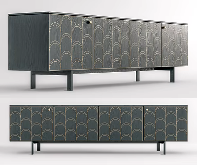 Modern Dark Wooden TV Stand With Gold Scallop Pattern Drawers And Slim Legs 3d model