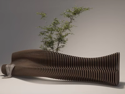 Modern Wavy Wooden Public Chair With Green Plant In Public Space 3d model
