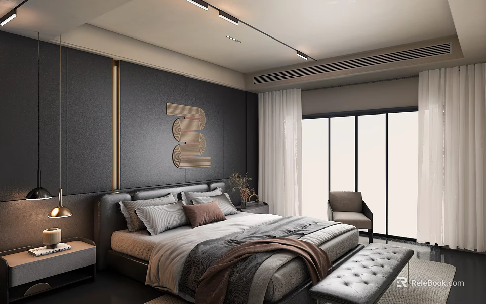 Modern Bedroom Interior With Dark Headboard Wall Decorative Sculpture White Curtains And Leather Bench 3d model 