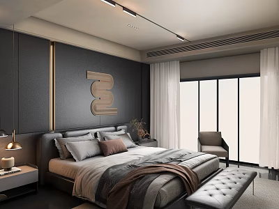 Modern Bedroom Interior With Dark Headboard Wall Decorative Sculpture White Curtains And Leather Bench 3d model
