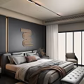 Modern Bedroom Interior With Dark Headboard Wall Decorative Sculpture White Curtains And Leather Bench