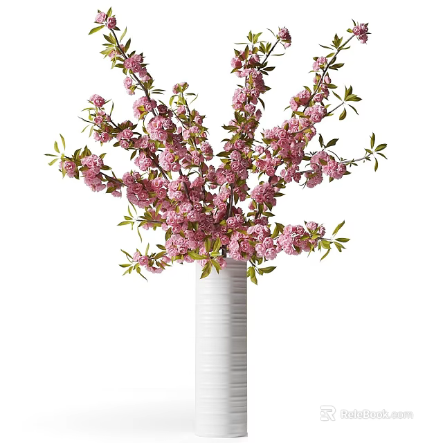 Beautiful White Vase With Pink Flowers And Fresh Green Leaves Arrangement 3d model 