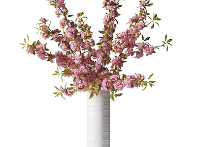 Beautiful White Vase With Pink Flowers And Fresh Green Leaves Arrangement 3d model