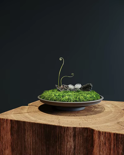 Lush Green Moss Display on Wooden Base with Stones and Curled Stems 3d model