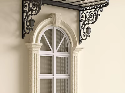 Ornate Wrought Iron Awning Over Arched Window With Decorative Brackets And Wall Lamps 3d model