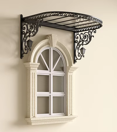 Ornate Wrought Iron Awning Over Arched Window With Decorative Brackets And Wall Lamps 3d model