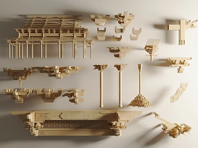 Traditional Wooden Architectural Component Models Featuring Brackets Columns Beams And Roof Structures 3d model