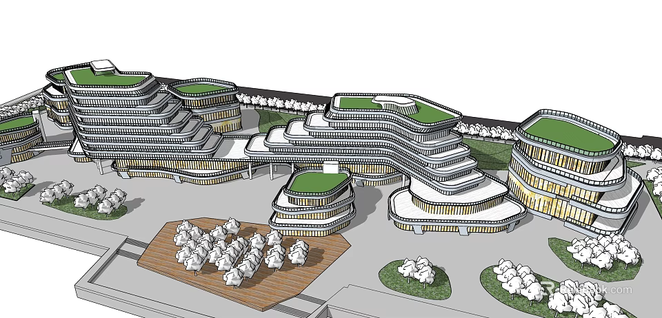 Modern Commercial Complex Featuring Green Rooftops Multi Level Structure And Surrounding Greenery 3d model 