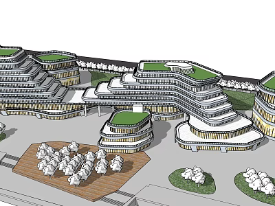 Modern Commercial Complex Featuring Green Rooftops Multi Level Structure And Surrounding Greenery 3d model