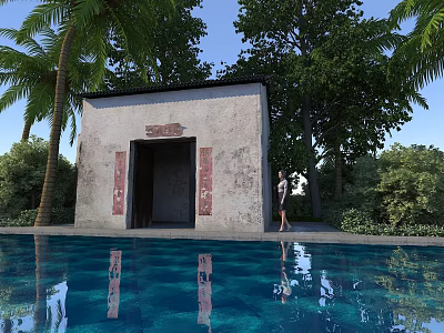 Traditional Ancient Chinese Architecture With Clear Pool Reflection And Palm Trees 3d model