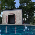Traditional Ancient Chinese Architecture With Clear Pool Reflection And Palm Trees 3d model