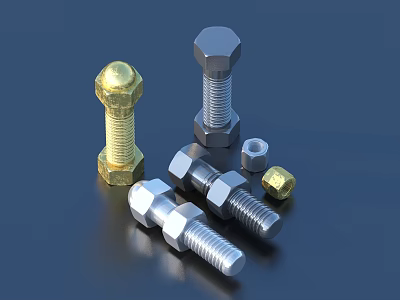 Gold And Silver Hex Head Bolts With Nuts In Various Sizes 3d model