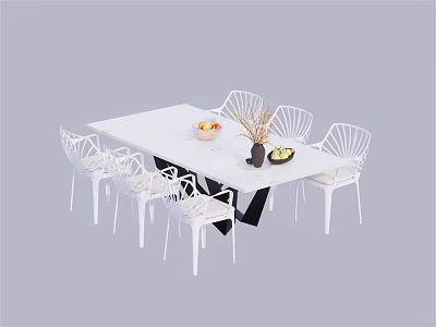 Modern Dining Table Set with White Rectangular Table Six Chairs Fruit Bowl and Vase 3d model