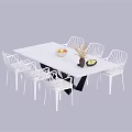 Modern Dining Table Set with White Rectangular Table Six Chairs Fruit Bowl and Vase