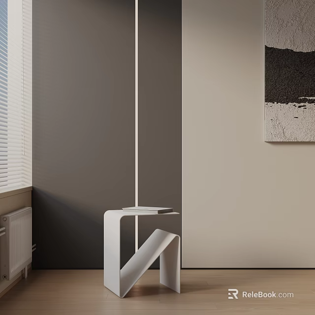 Modern White Side Table With Unique Structure Against Gray Beige Walls And Abstract Art 3d model 