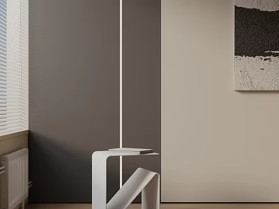 Modern White Side Table With Unique Structure Against Gray Beige Walls And Abstract Art 3d model