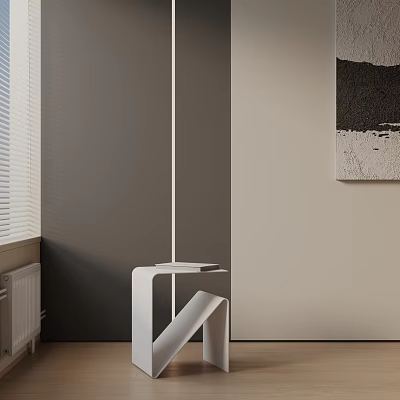 Modern White Side Table With Unique Structure Against Gray Beige Walls And Abstract Art 3d model
