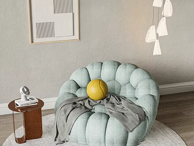 Light Blue Round Tufted Single Seater Sofa With Grey Blanket And Yellow Ball On Rug 3d model