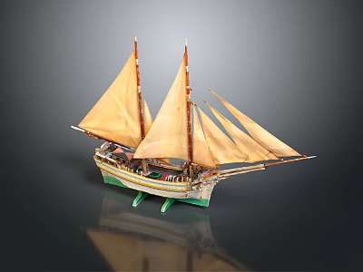 Detailed Model Ship With Tall Masts Yellow Sails And Green White Hull 3d model