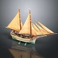 Detailed Model Ship With Tall Masts Yellow Sails And Green White Hull