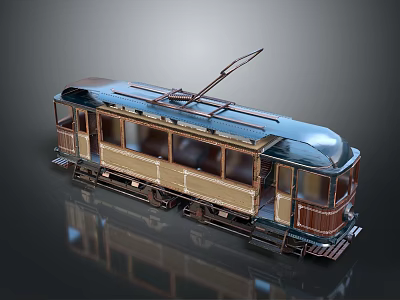 Vintage Tram Featuring Blue Roof Brown Body Windows Trolley Pole And Retro Design 3d model