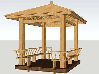 Outdoor Wooden Pavilion With Carved Railings Roof Benches And Platform Design 3d model