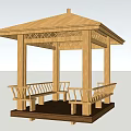 Outdoor Wooden Pavilion With Carved Railings Roof Benches And Platform Design