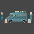 Blue Food Truck Selling Fish And Chips With Menu Board