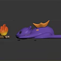 Purple Lizard Like Toy Creature with Small Campfire and Orange Flames