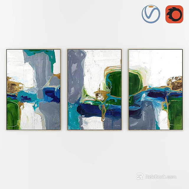 Modern Picture Frames With Abstract Art Green Blue Gray Triptych Wall Decor 3d model 
