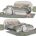 Adorable Kids Bed with Pink Headboard Green Gray Quilt Light Green Nightstand and Stuffed Toys