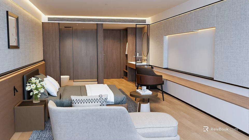 Spacious Modern Hotel Room Interior With Wooden Furniture Bed Sofa And TV Console 3d model 
