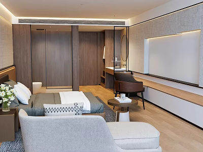 Spacious Modern Hotel Room Interior With Wooden Furniture Bed Sofa And TV Console 3d model